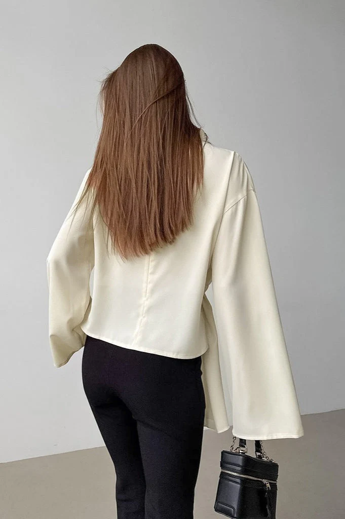 Chiffon Tie Waist Stand Collar Long Sleeve Tee - Image 6