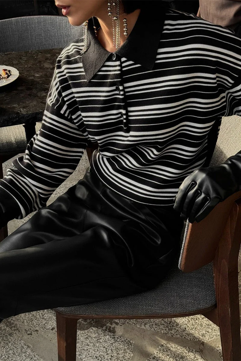 Color-block Stripe Fitted Polo Knit Blouse - Image 7
