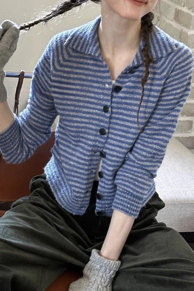 Color Block Striped Fitted Wool Knit Cardigan - Image 2