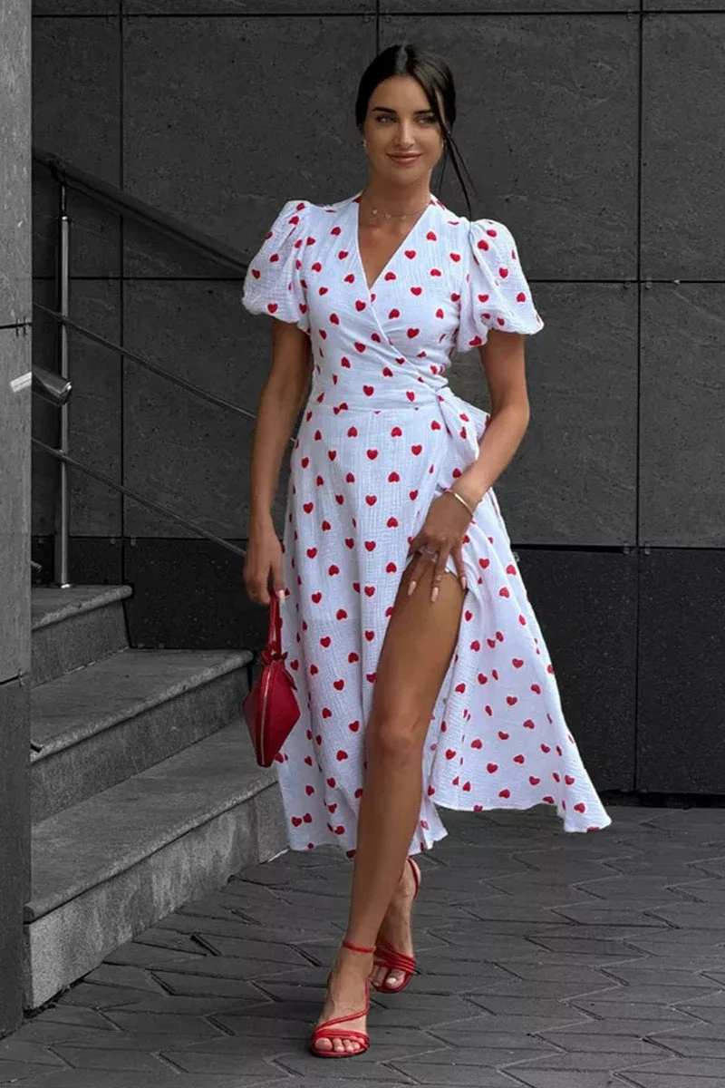 Cotton Print Tie Puff Sleeve Midi Dress - Image 3