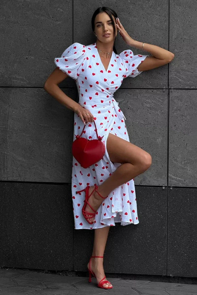 Cotton Print Tie Puff Sleeve Midi Dress - Image 4