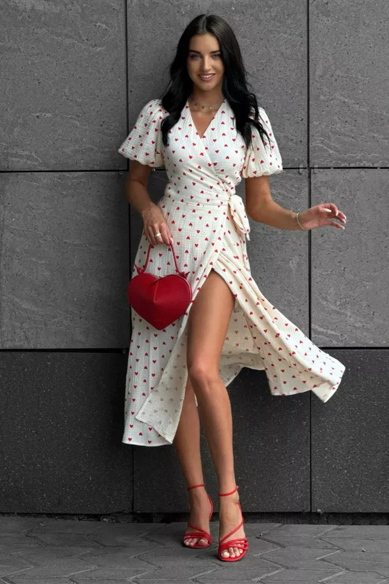Cotton Print Tie Puff Sleeve Midi Dress - Image 5