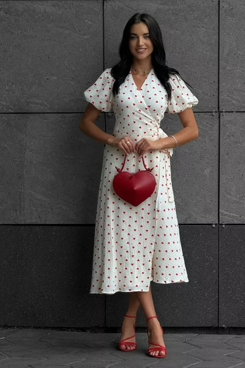 Cotton Print Tie Puff Sleeve Midi Dress - Image 6