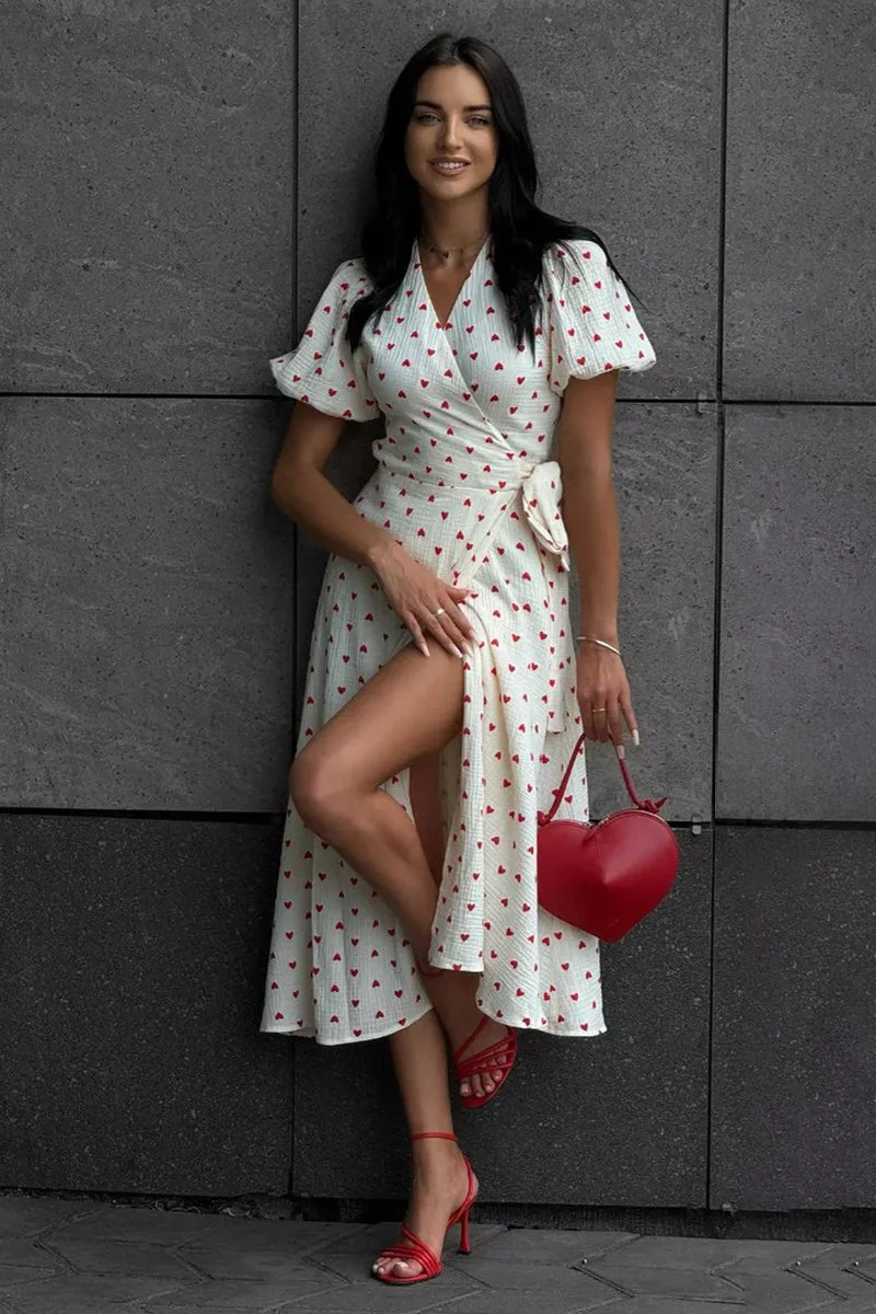 Cotton Print Tie Puff Sleeve Midi Dress - Image 7