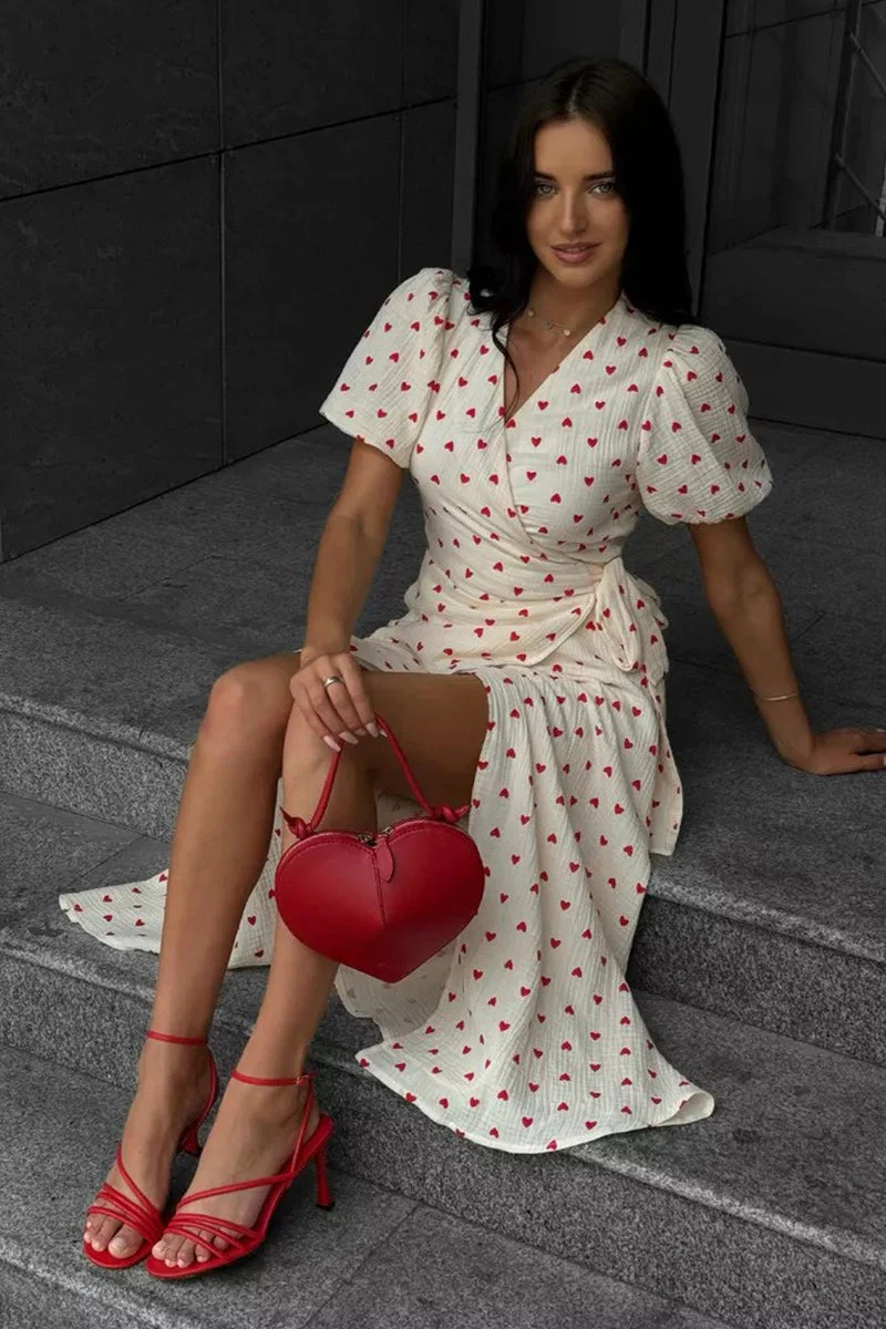 Cotton Print Tie Puff Sleeve Midi Dress - Image 9