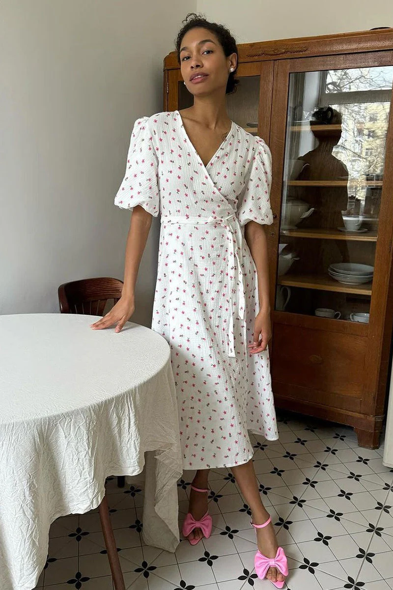 Cotton Printed Puff Sleeve Midi Dress - Image 8