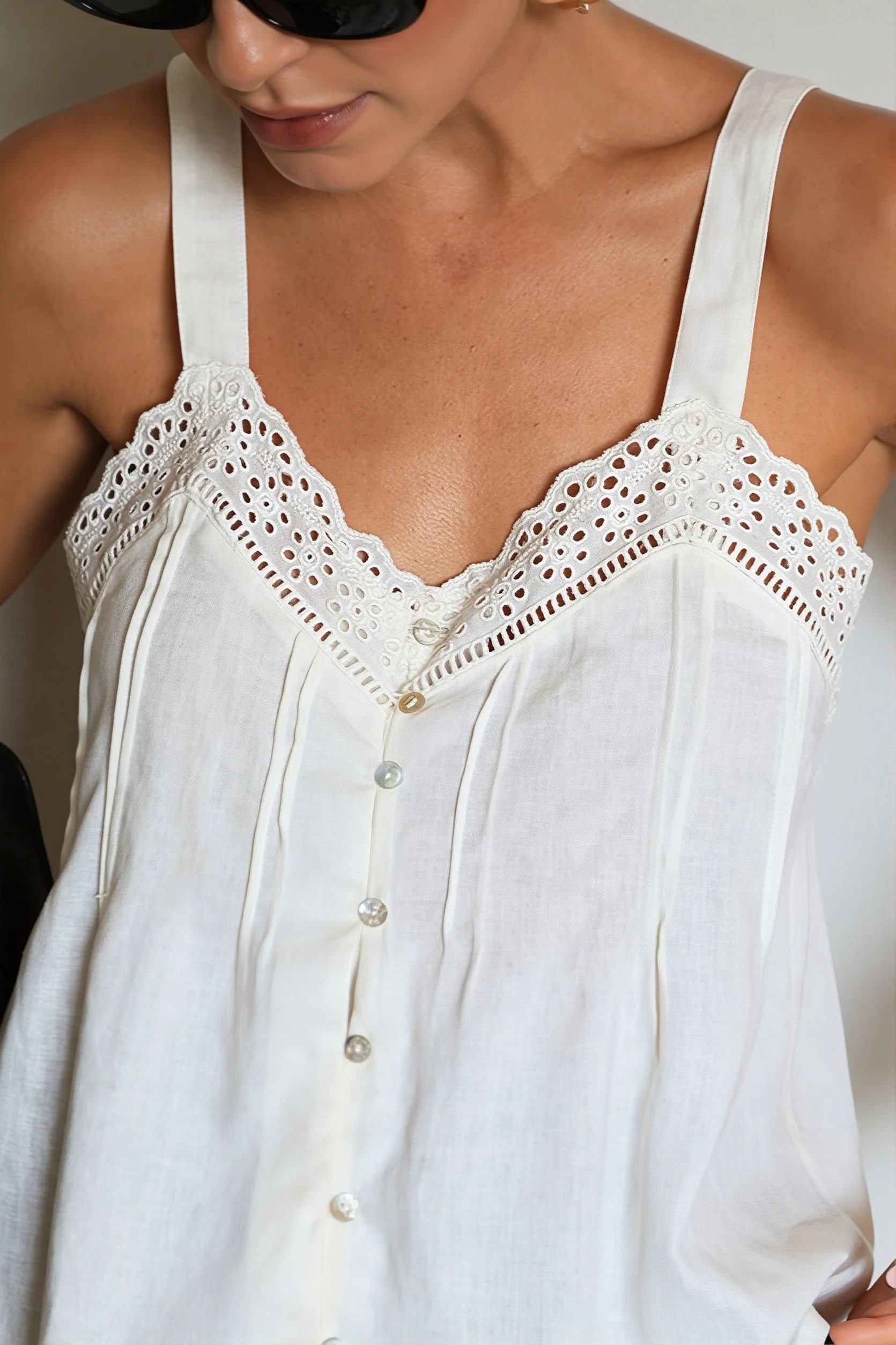 Cotton V Neck Lace Trim Relaxed Cami Top - Image 4