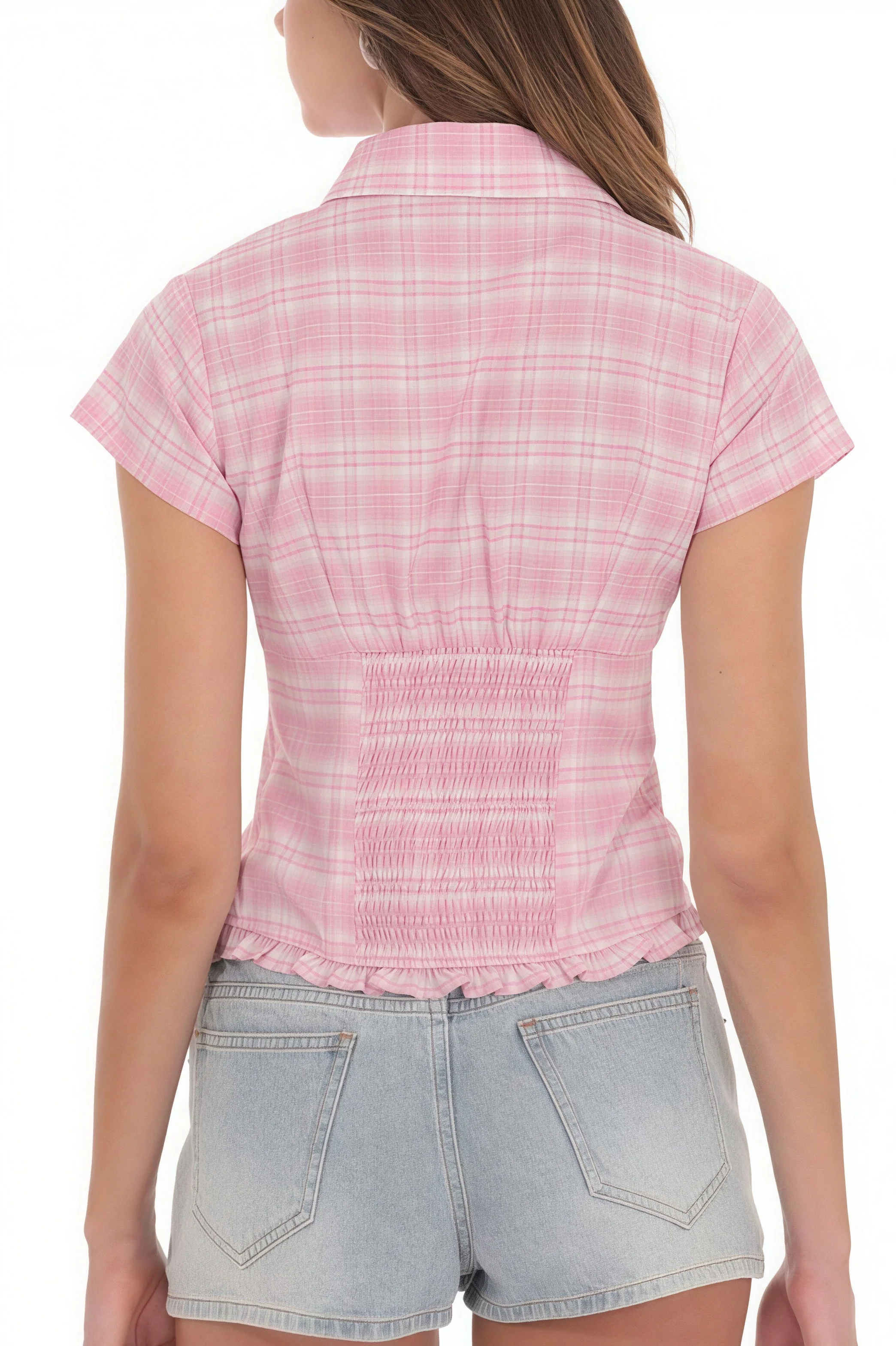 Cropped Plaid Polo Neck Button Blouse - Image 3