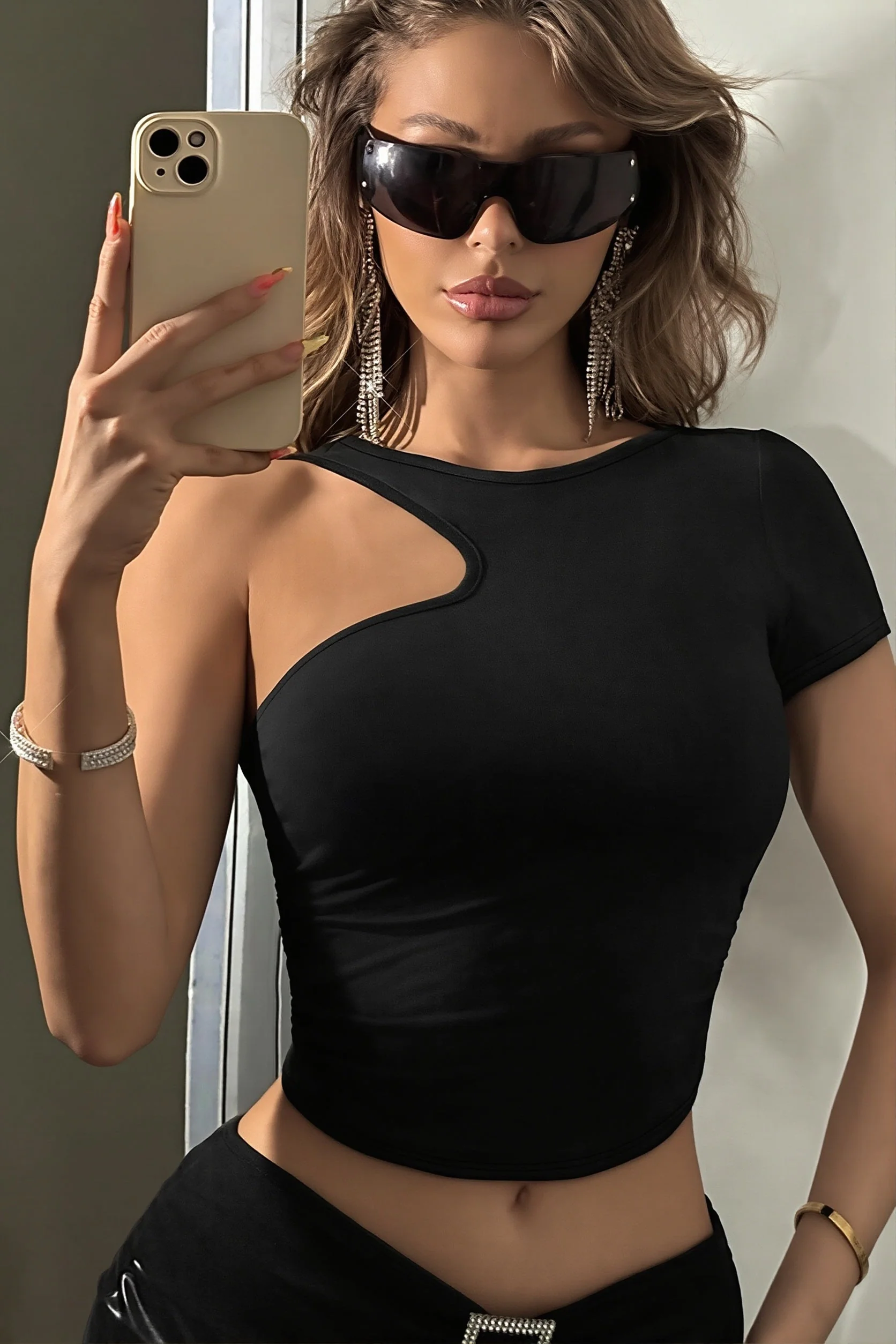 Cut Out Shoulder Cropped Top Sexy Slim Fit Blouse - Image 4