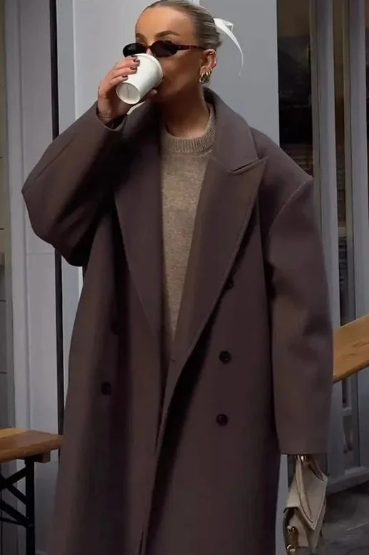 Elegant Casual Solid Color Double-Breasted Long Overcoat