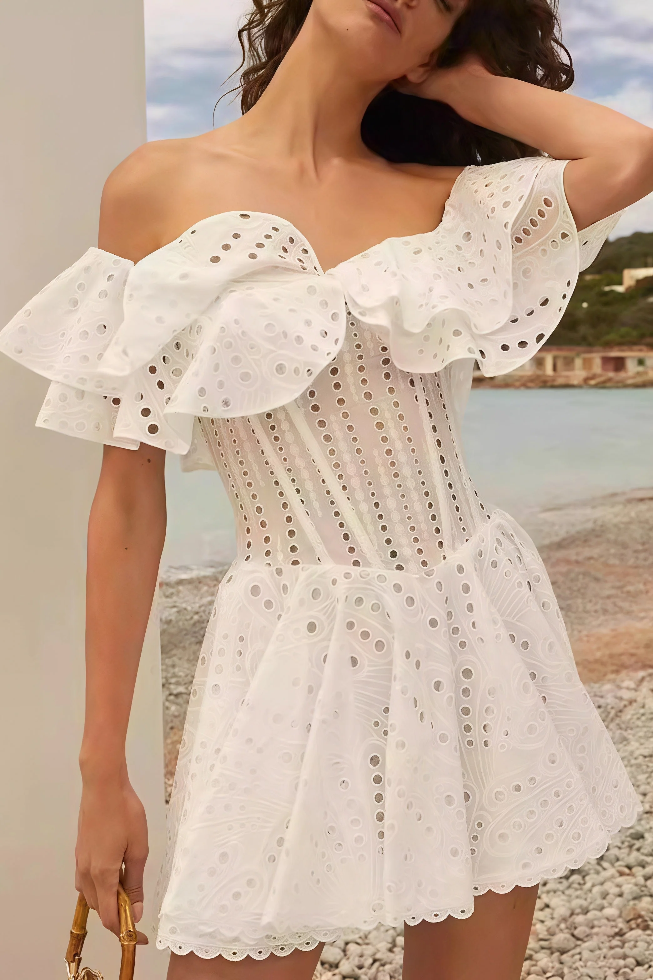 Elegant Designer Embroidery Hollow Out Cutout Waist Cinched Mini Dress - Image 3