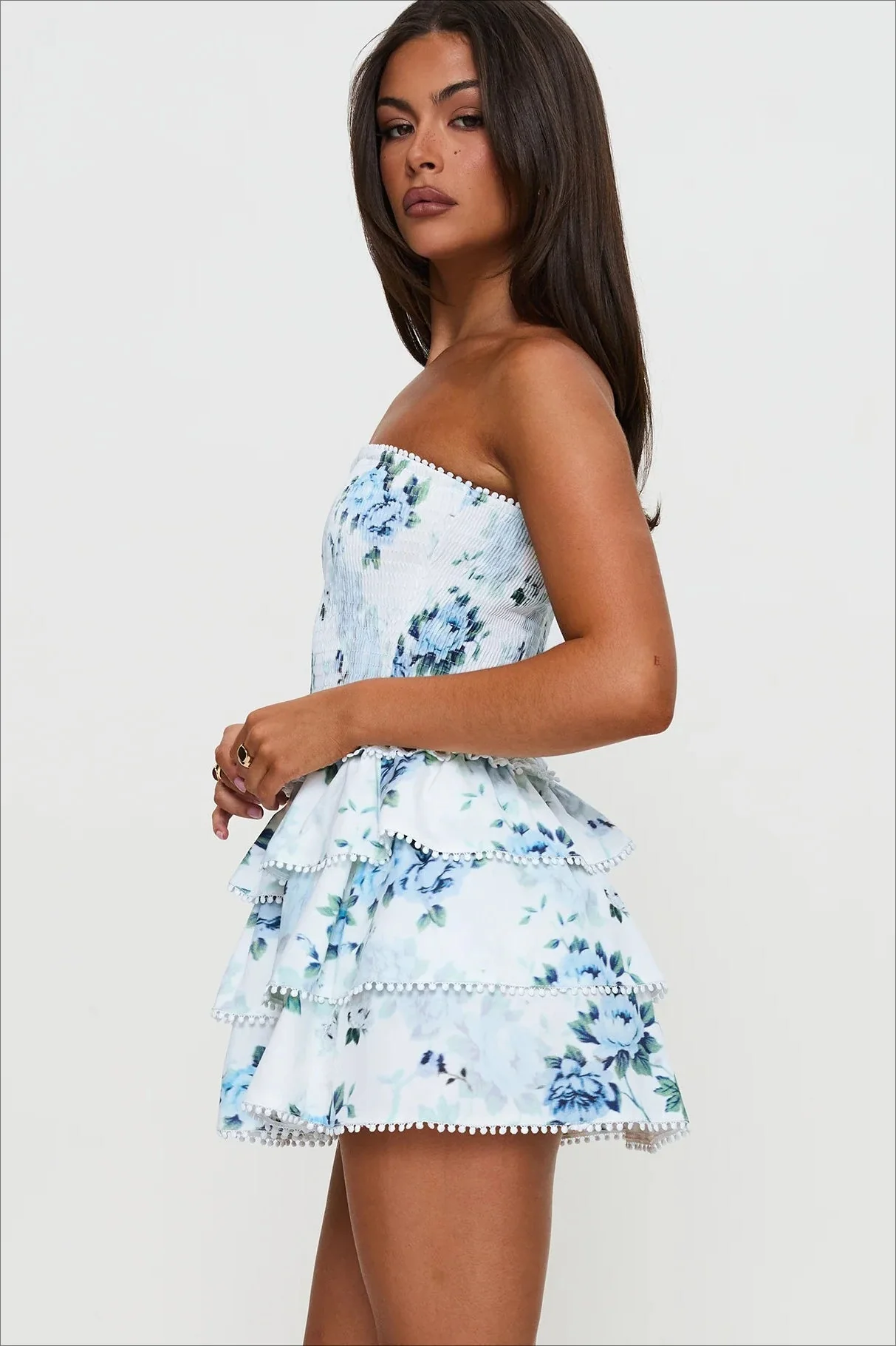 Elegant Floral Ruched Waist Mini Dress - Image 2
