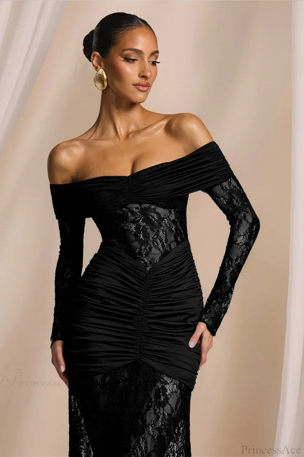 Elegant Lace Off-the-Shoulder Long Sleeve Bodycon Evening Dress - Image 2