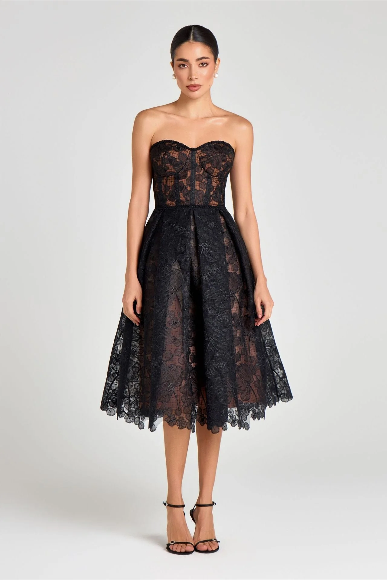 Elegant Lace Strapless Solid Midi Dress - Image 5