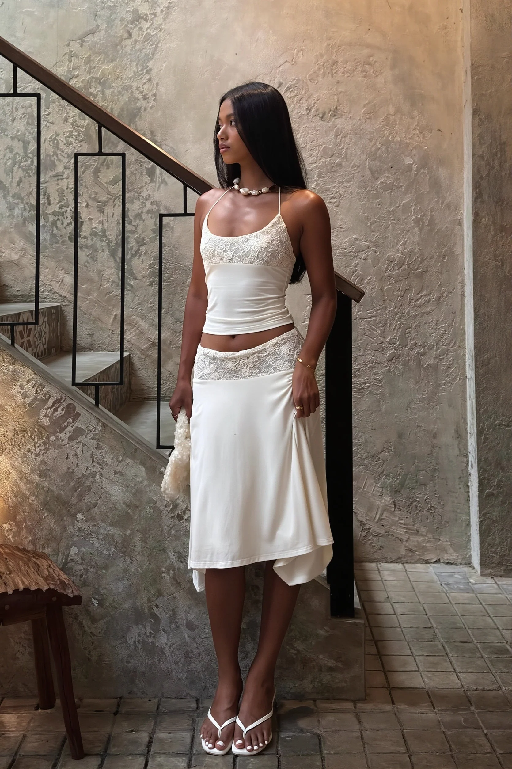 Elegant Lace Trim Cami Top High Rise Asymmetric Skirt Sets