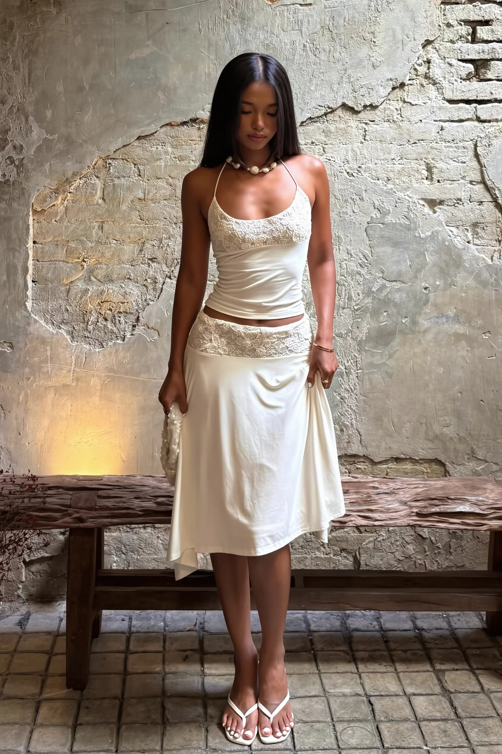 Elegant Lace Trim Cami Top High Rise Asymmetric Skirt Sets - Image 2