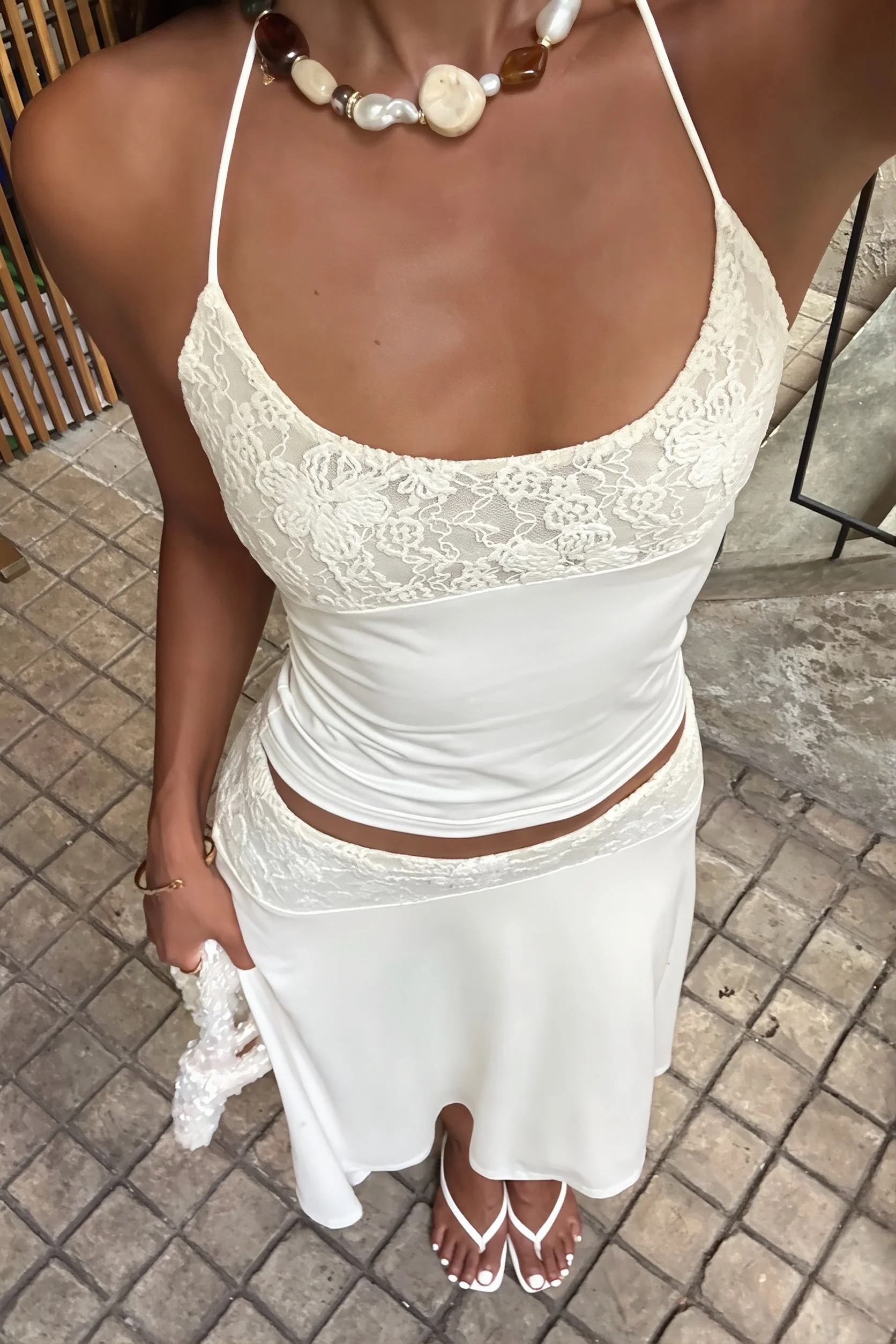 Elegant Lace Trim Cami Top High Rise Asymmetric Skirt Sets - Image 6