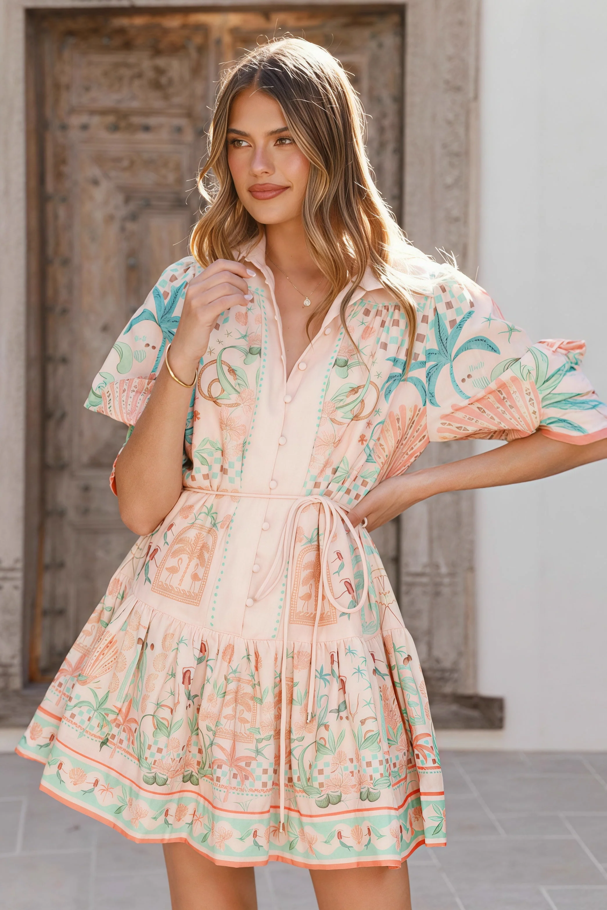 Elegant Linen Tie Belt Waist Cinching Casual Fairy Mini Dress - Image 2
