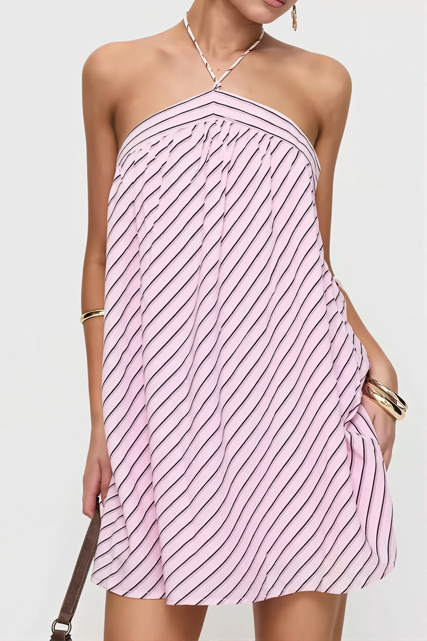 Elegant Striped Halter Mini Dress - Image 2
