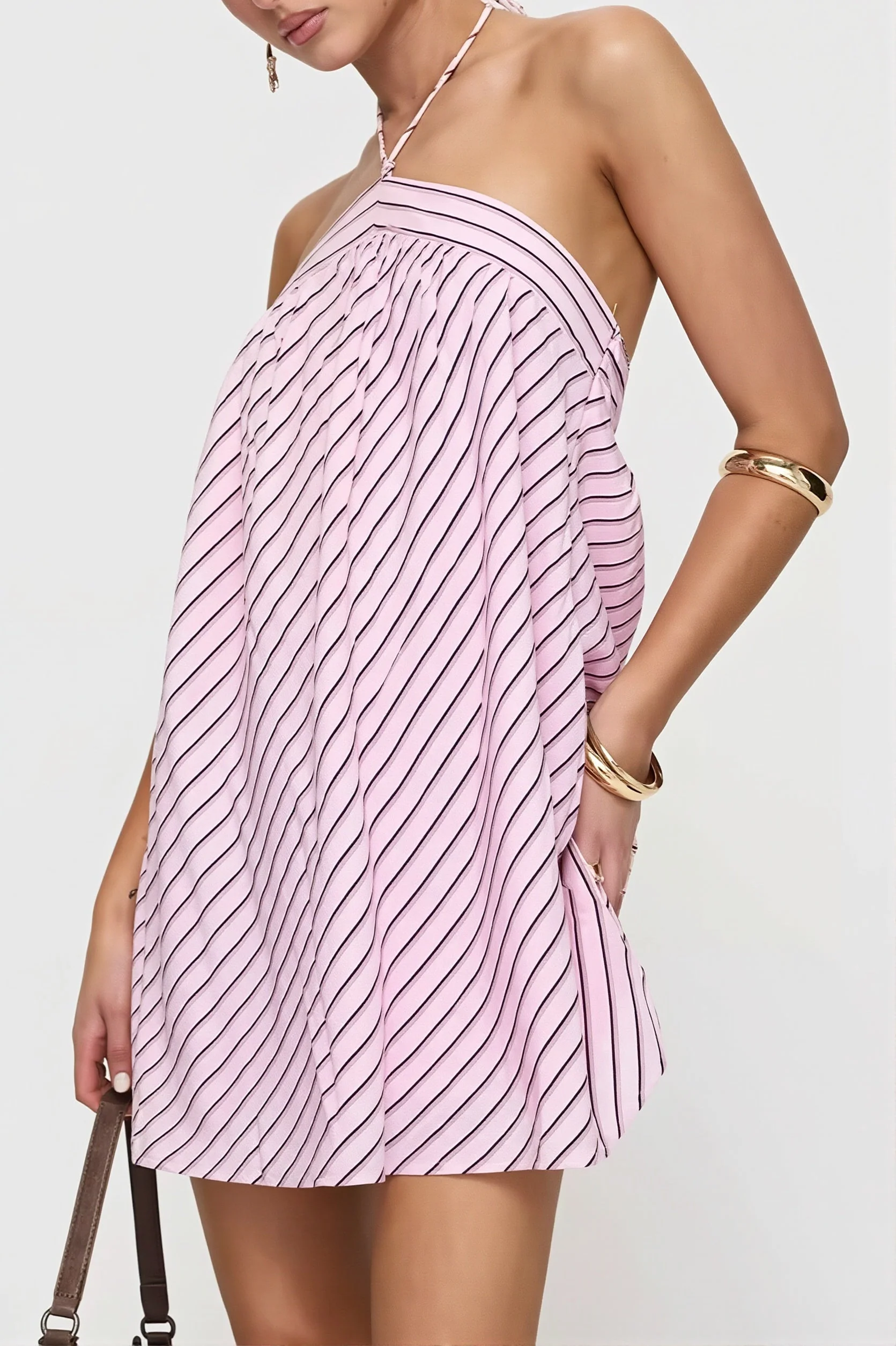 Elegant Striped Halter Mini Dress - Image 3