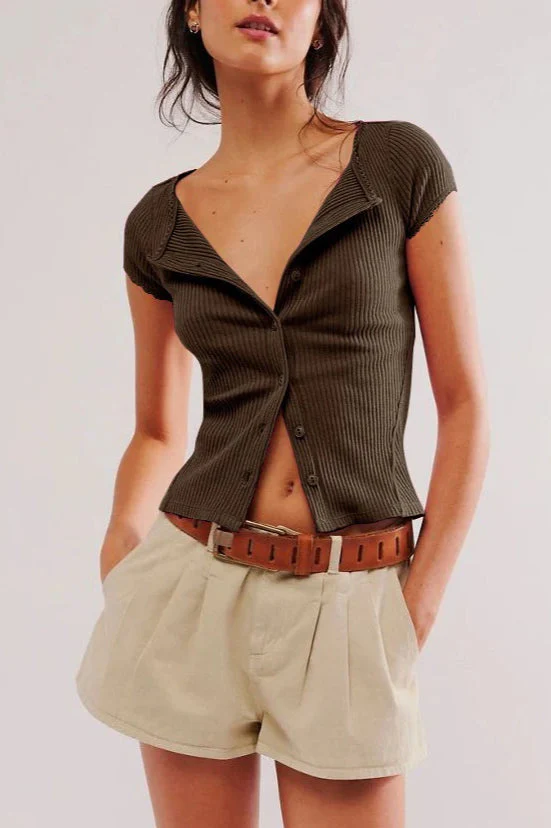 Button Short Sleeve Ribbed Cardigan - Image 11