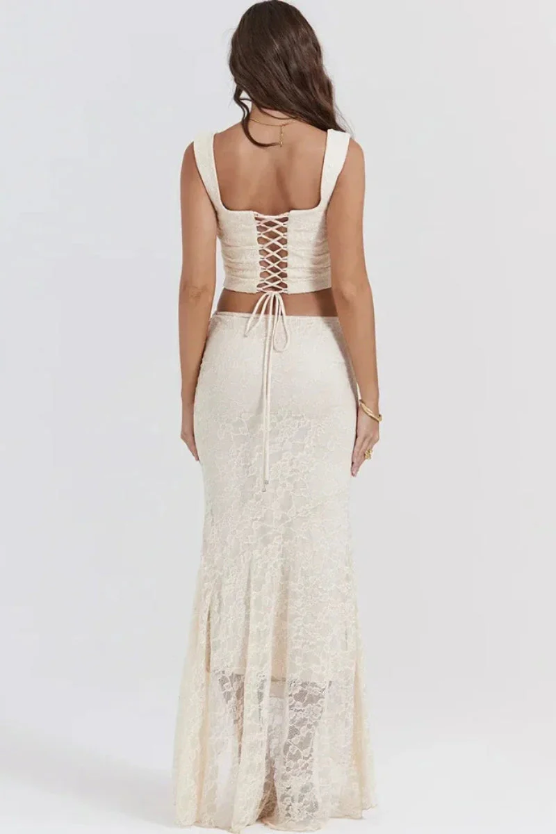 Elegant Lace-Up Crop Top & Maxi Skirt Boho Dress - Image 19