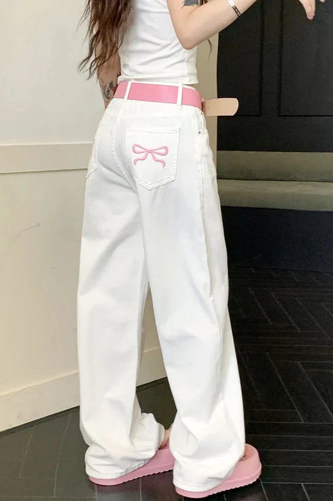 Embroidered Pink Bow Wide Leg Jeans - Image 7