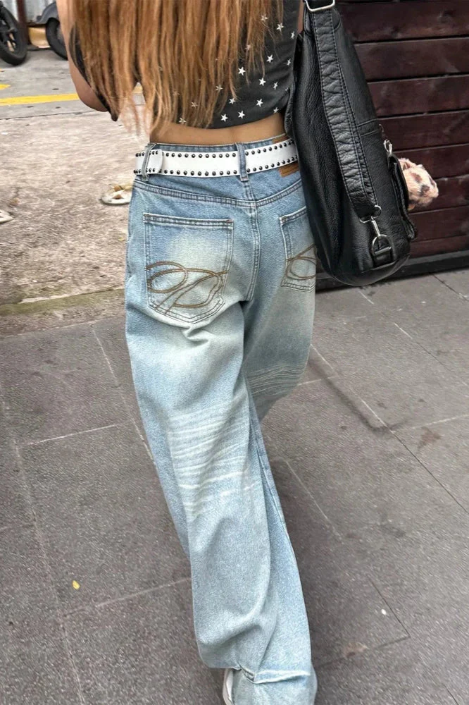 High Waist Embroidered Wide Leg Jeans - Image 9