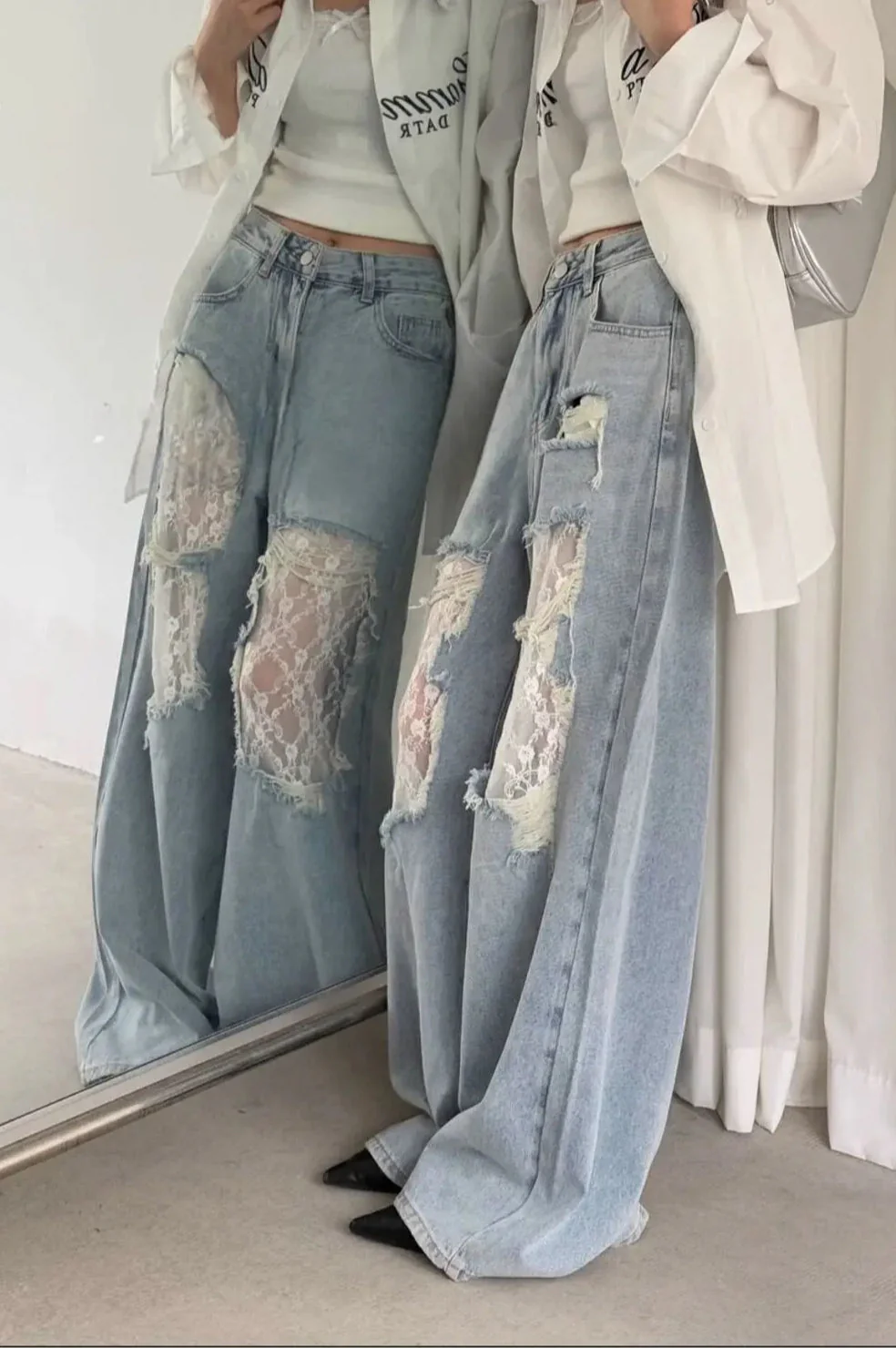 Lace Patchwork Ripped Loose Jeans - Image 10