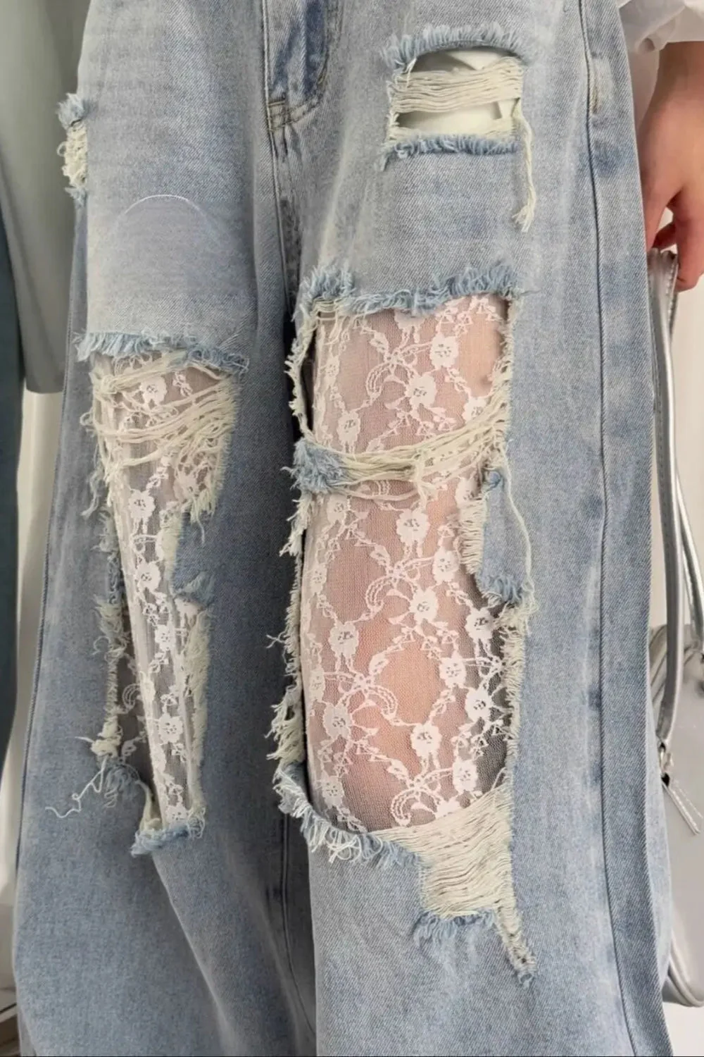 Lace Patchwork Ripped Loose Jeans - Image 15
