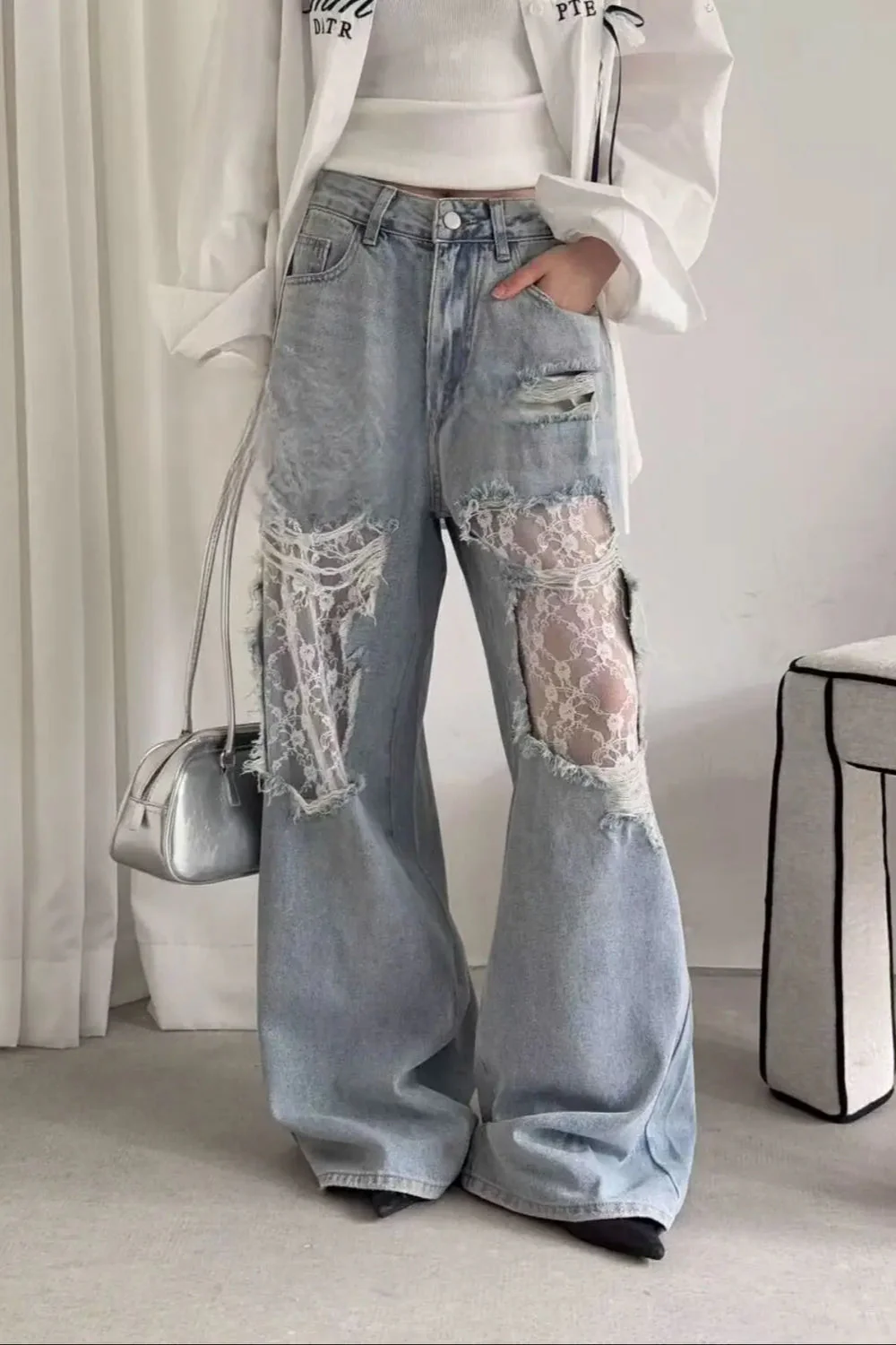 Lace Patchwork Ripped Loose Jeans - Image 3