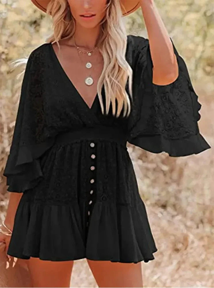Lace V-Neck Ruffle Mini Boho Dress - Image 6
