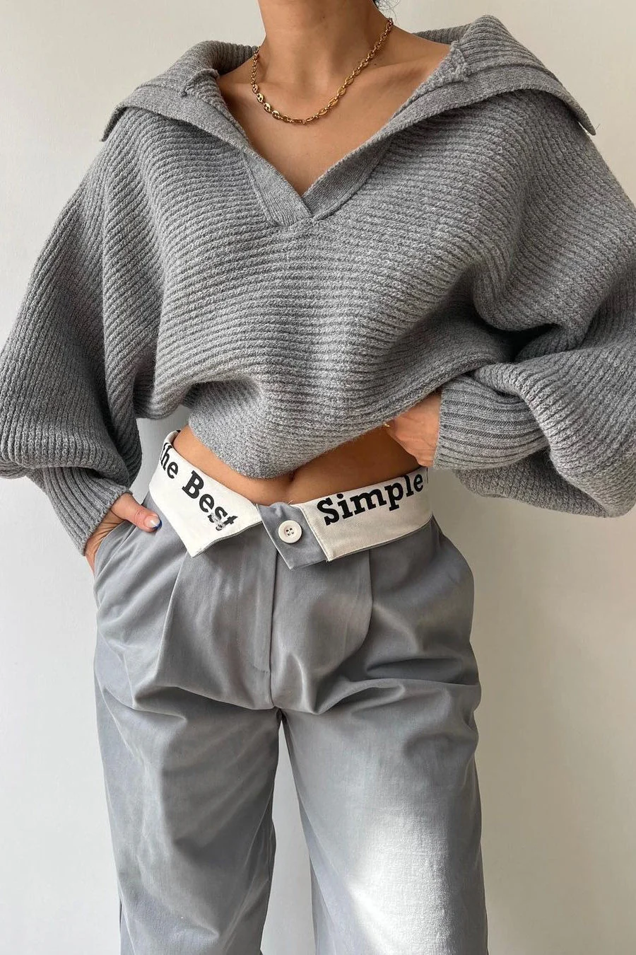 Lantern Sleeve Open Collar Knit Sweater - Image 2