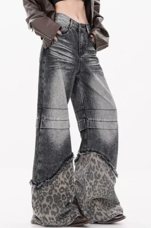 Patchwork Leopard Wide Leg Jeans - Image 16