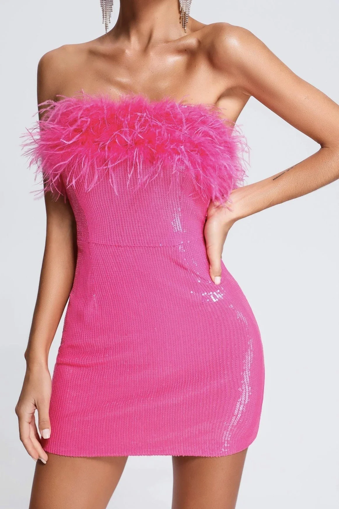 Sequin Faux Fur Off Shoulder Party Dress