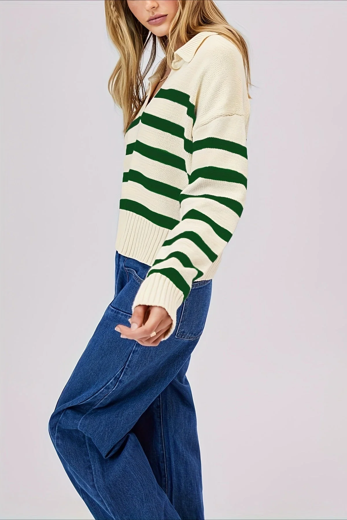 Striped Wool Collar V-Neck Sweater - Image 26