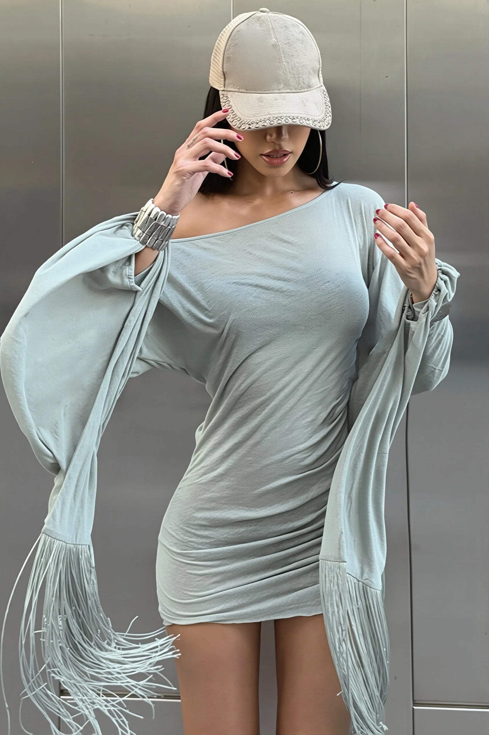 Flare Sleeve Tassel Patchwork Asym Neck Mini Dress - Image 3