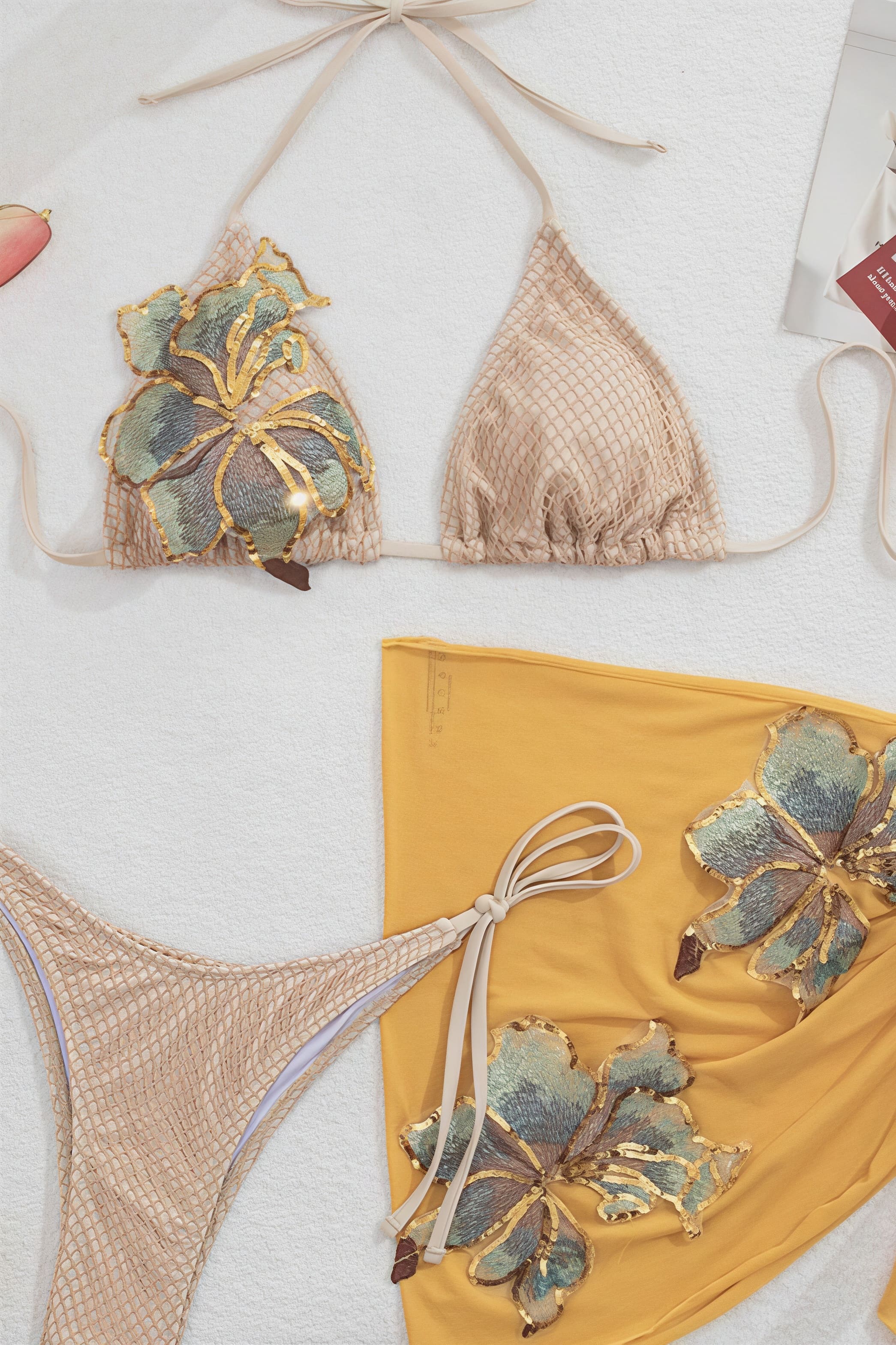 Floral Embroidery Sexy Bikini Three Piece Swim Set - Image 3