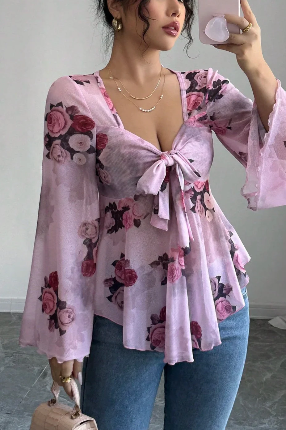 Floral Tie Dye Square Neck Tie Long Sleeve Blouse - Image 3