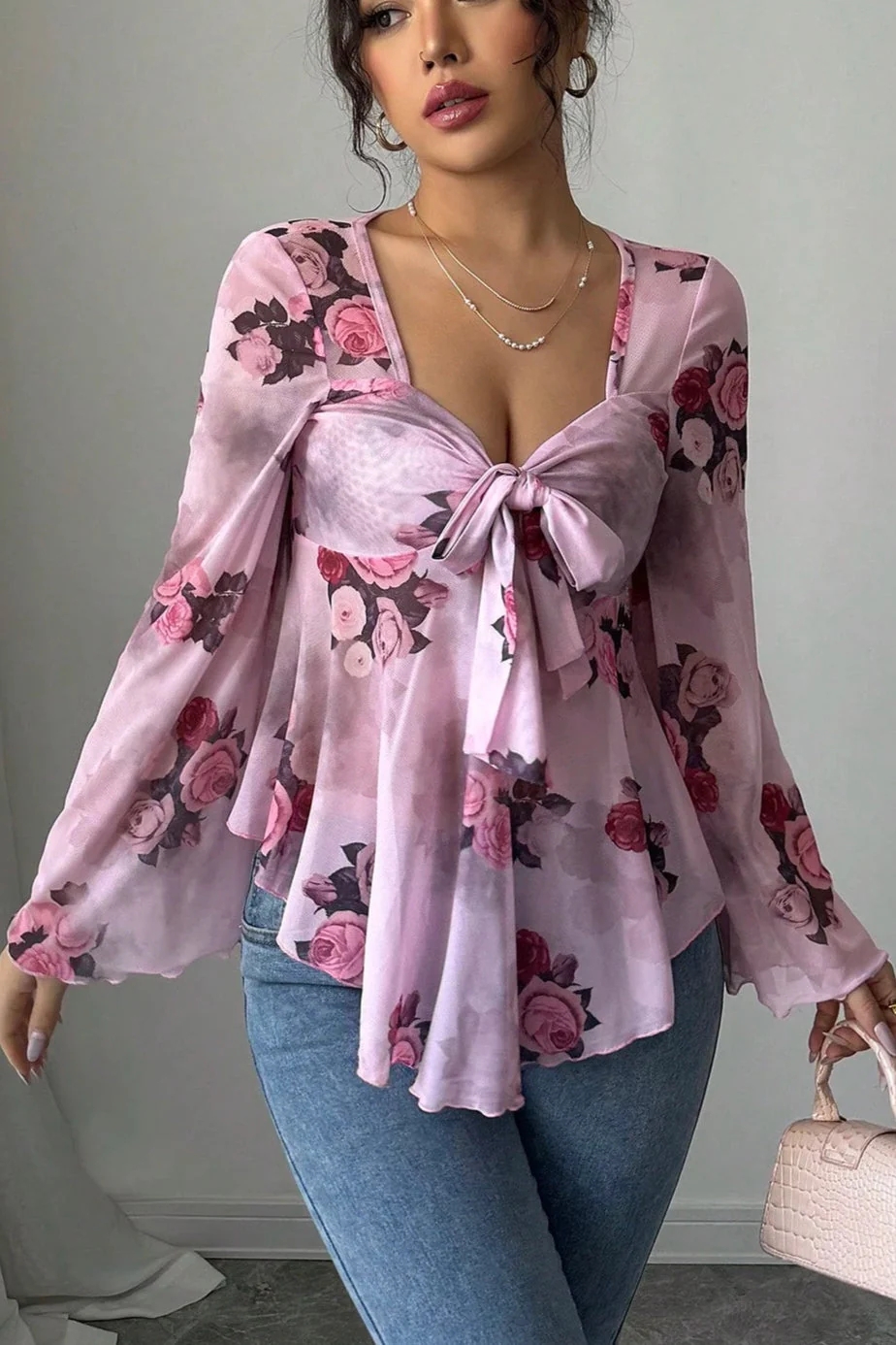 Floral Tie Dye Square Neck Tie Long Sleeve Blouse - Image 4