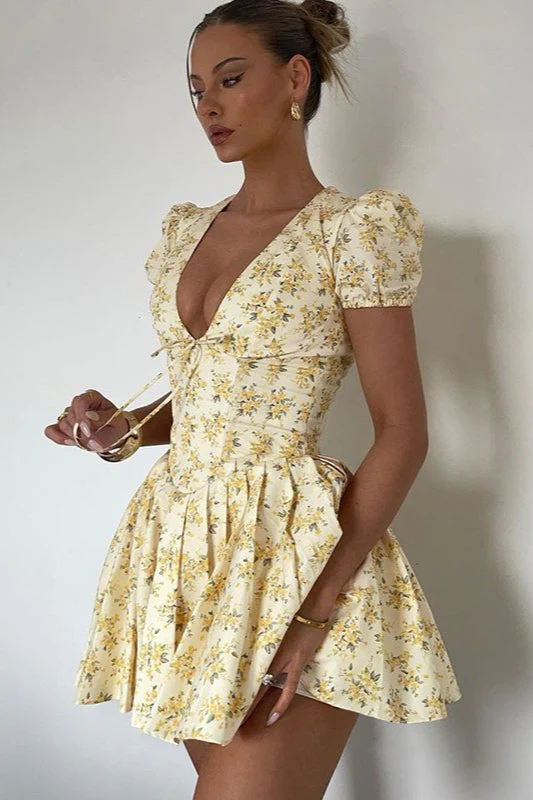 Floral V Neck Ruched Mini Dress - Image 6