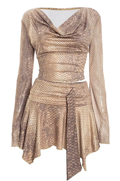 Flowy Snake Print Tie Detail Skirt Set - Image 5