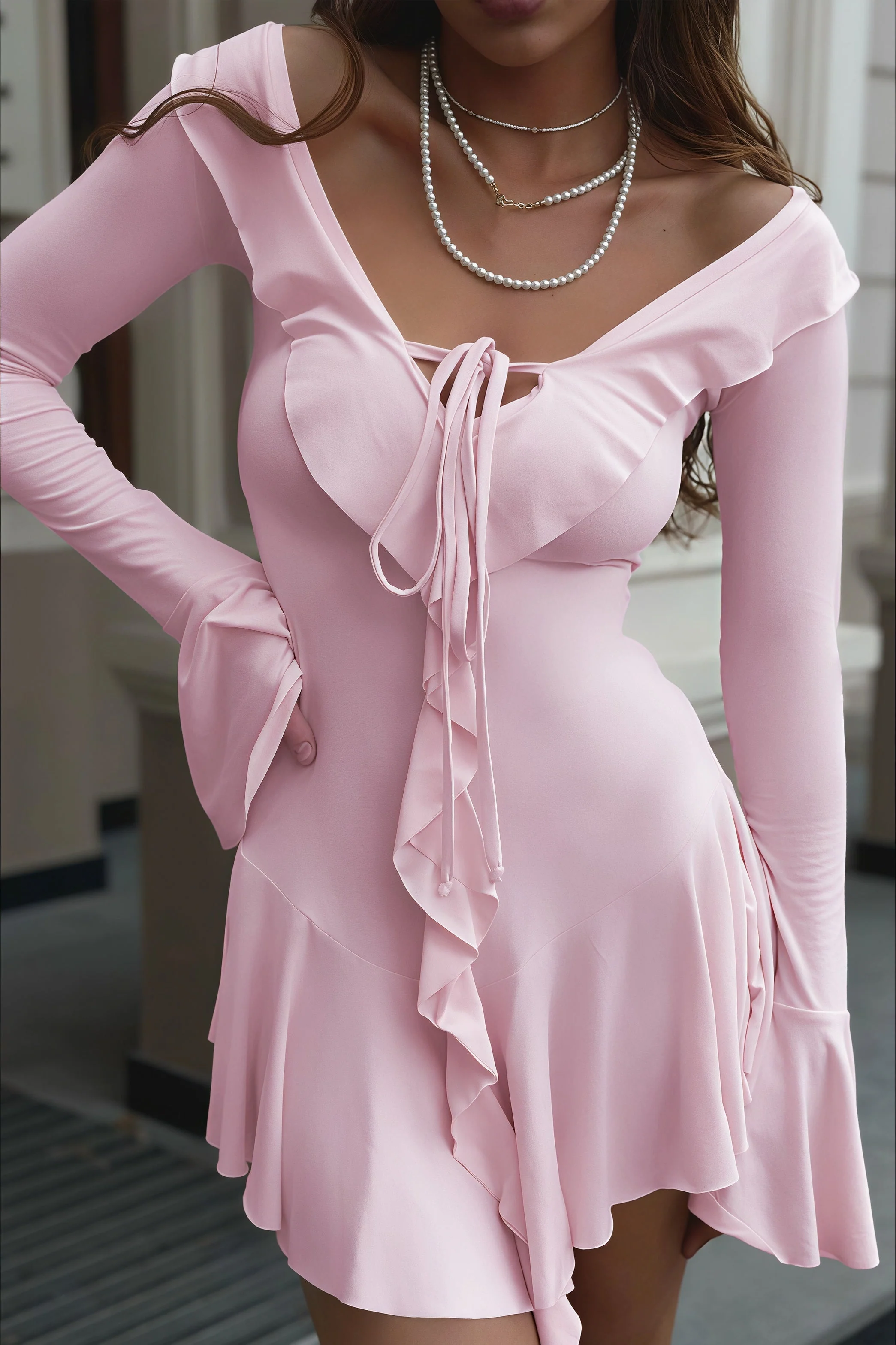 Fresh Plunging Neckline Bell Sleeve Ruffle Lace-up Mini Dress - Image 4