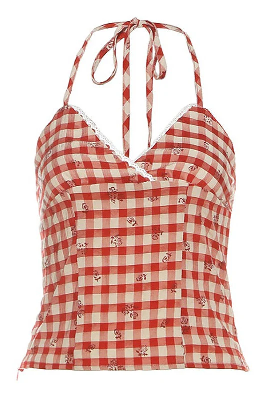 Fresh Red Plaid Backless Halter Top - Image 5