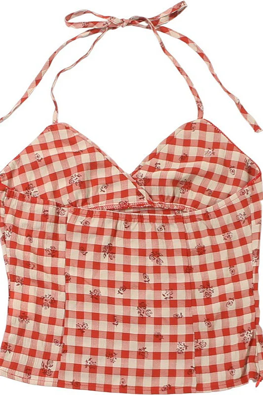 Fresh Red Plaid Backless Halter Top - Image 6