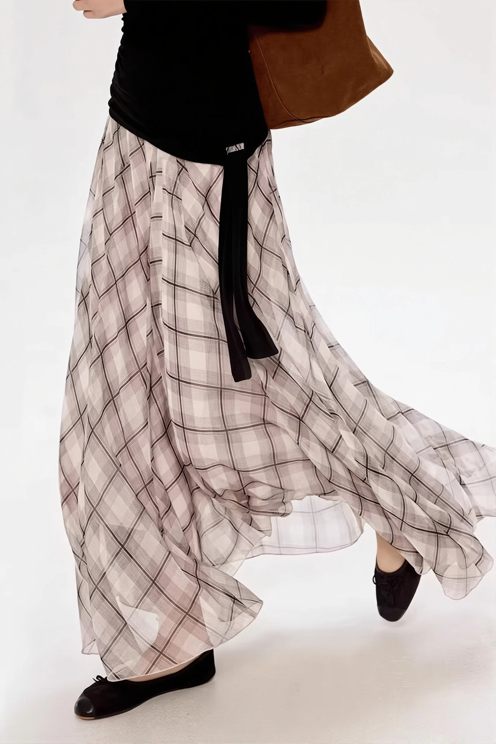 Gentle Style Draped Slim Plaid Maxi Skirt - Image 3