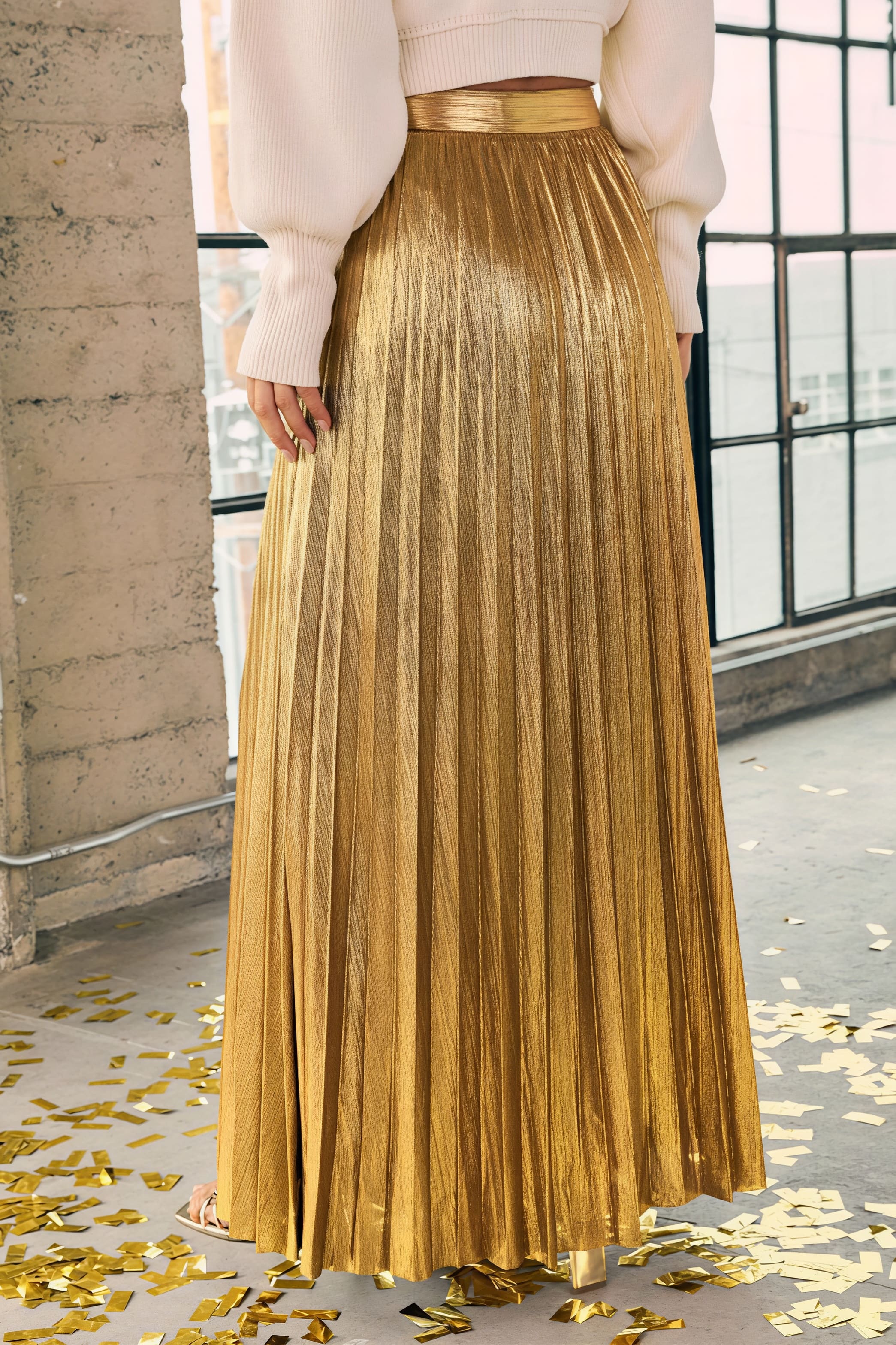 Gold Silver Pleated High Waist Skirt - Image 6