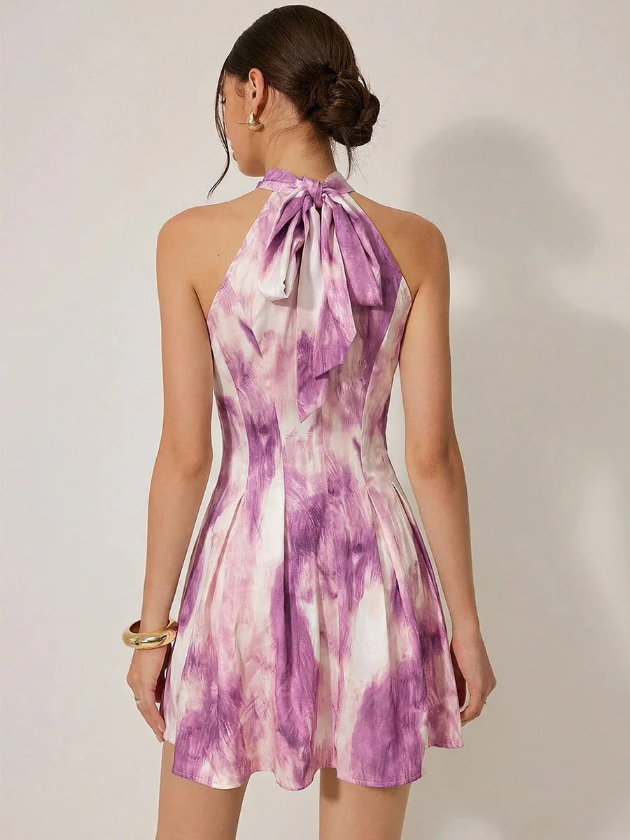 Halter Neck A Line Flowy Sleeveless Mini Dress - Image 3