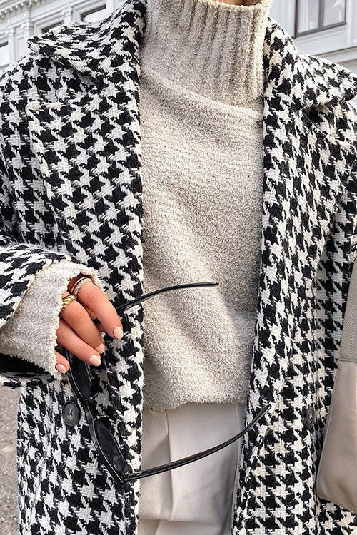 Houndstooth Long Trench Coat Chic Elegant Overcoat - Image 4