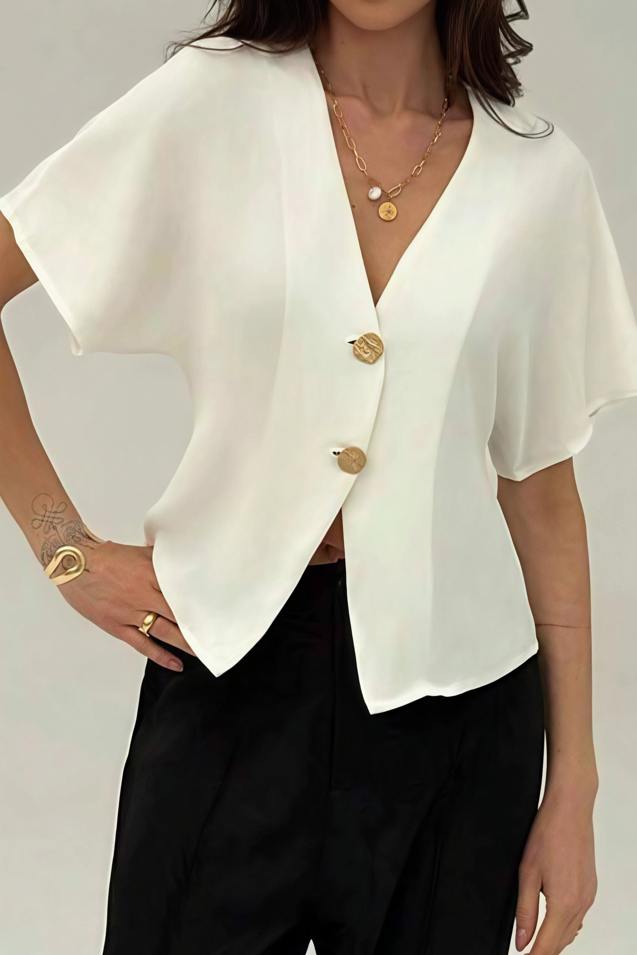 Irregular Button Open Front Short Sleeve Blouse - Image 3